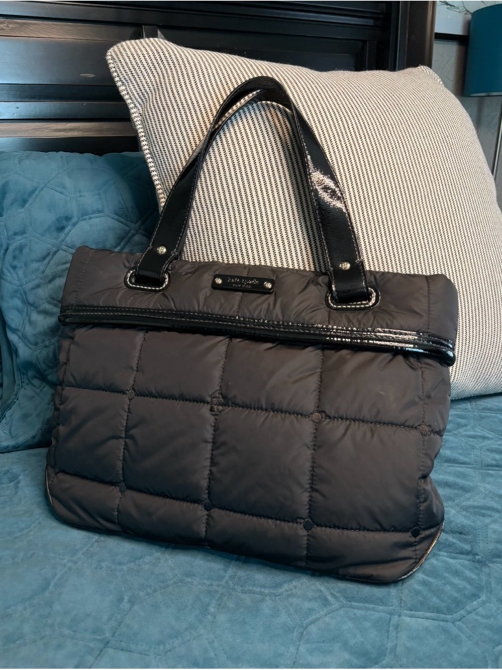 Pristine Kate Spade Quilted Black Nylon Satchel with Patent Trim